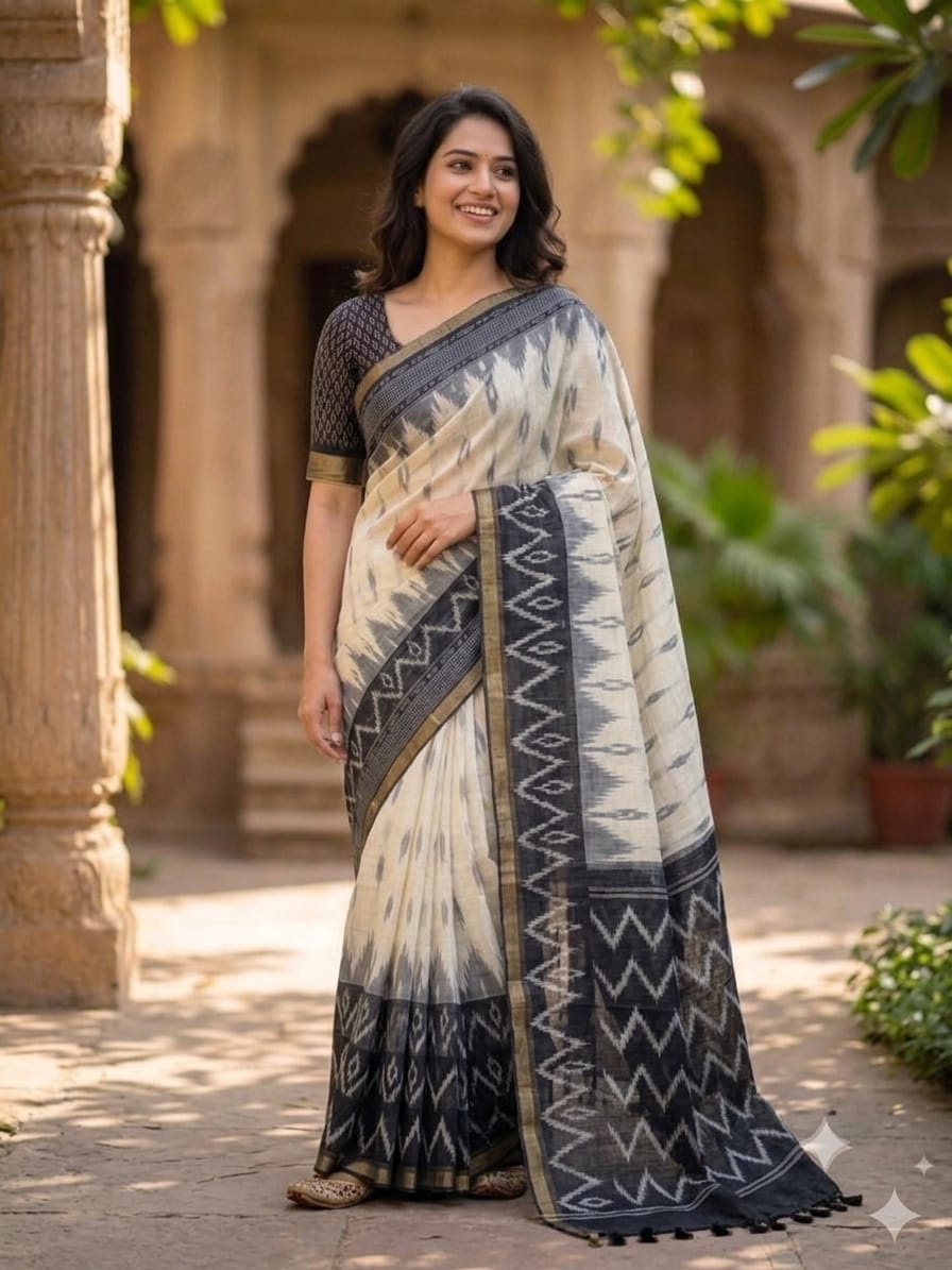 Floral Digital Print Linen with Tassel Blouse Cotton Saree